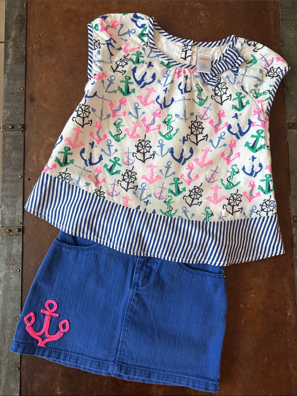 Gymboree White Nautical Anchor Print Top with Blue Denim Skirt